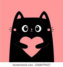 Happy Valentines Day. Cat kitten kitty head face holding pink heart. Cute cartoon kawaii funny animal character. Flat design. Love card. Sticker print. Childish style. White background. Vector