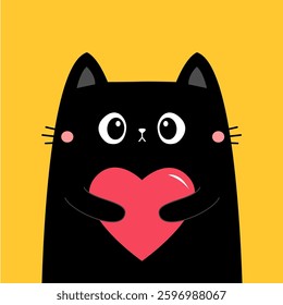 Happy Valentines Day. Cat kitten kitty head face holding red heart. Cute cartoon kawaii funny animal character. Love card. Sticker print. Childish style. Flat design. Yellow background. Vector