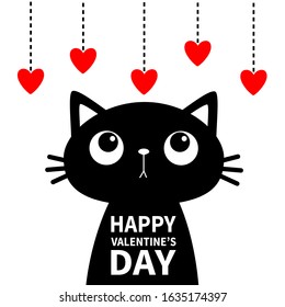 Happy Valentines Day. Cat looking at red heart set hanging on thread. Black silhouette sticker print. Cute cartoon funny character. Kawaii pet baby animal. Flat design. White background. Vector