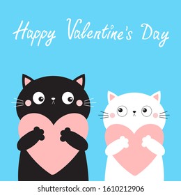 Happy Valentines Day. Cat love couple boy girl kitten head face holding big pink heart. Cute cartoon kawaii funny kitty animal character. Flat design. Blue background. Isolated. Vector illustration