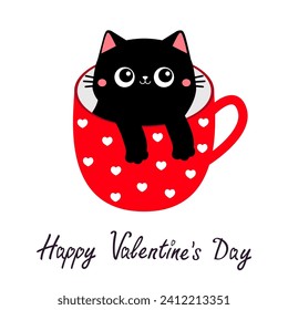 Happy Valentines Day. Cat in red heart tea coffee cup. Paws hand. Black kitten. Cute cartoon funny baby animal pet character. Love greeting card. Flat design. White background. Vector illustration