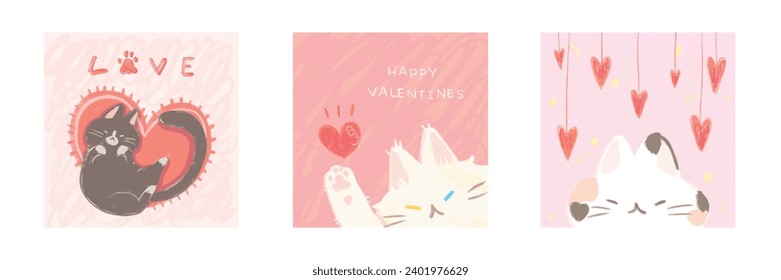 Happy Valentine's day with cat. Set of square cards. Drawing, sketch, doodle, hand drawn style. Cute minimal colorful vector.