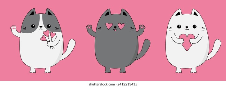 Happy Valentines Day. Cat set. Contour line doodle. Kittens kitty holding pink heart, stick. Funny head face. Cute cartoon kawaii animal character. Flat design. Love card. Pink background. Vector