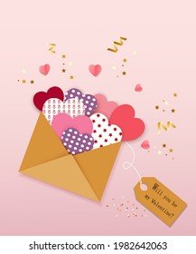 Happy Valentine's Day celebrate , the brown envelope has a lot of paper hearts inside, Paper art style,Pink back ground ,Vector illustration,gold ribbon,gold stars with text“will you be my valentine?”