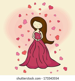 Happy Valentines Day celebration background with cute little girl on heart shape abstract background. 