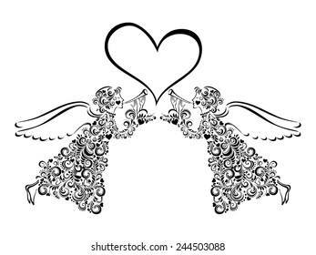 Happy Valentine's day! Celebration background with heart, angel and place for your text. Vector Illustration.