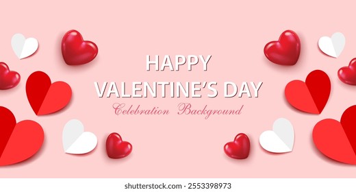 happy valentine's day celebration background. glowing hearts,red and white paper cut hearts decorative valentine's greeting card and invitation vector illustration.