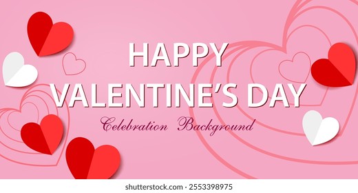 happy valentine's day celebration background. glowing hearts,red and white paper cut hearts decorative valentine's greeting card and invitation vector illustration.