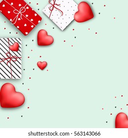 Happy Valentine's Day celebration background decorated with wrapped gift boxes and glossy red hearts.