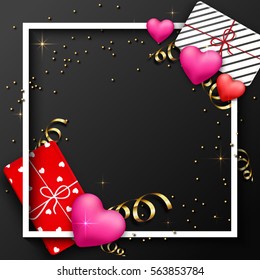 Happy Valentines Day celebration background with front view of gift boxes and hearts and space for your message.