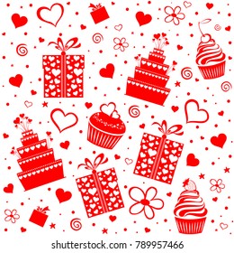  Happy valentine's day.  Celebration  background with gift boxes, Cake, heart, flower and cupcake.  Seamless wrapping paper. Vector Illustration