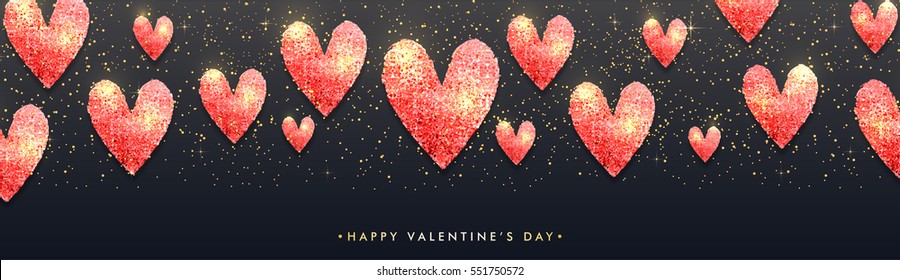 Happy Valentine's Day celebration banner design decorated with creative glittering hearts.