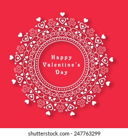 Happy Valentines Day celebration with beautiful floral decorated rounded frame on red background.