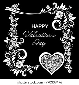 Happy Valentine's day! Celebration black background with heart, flowers, frame and place for your text. illustration