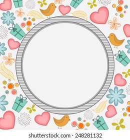 Happy Valentines Day celebration with blank rounded frame on seamless background.