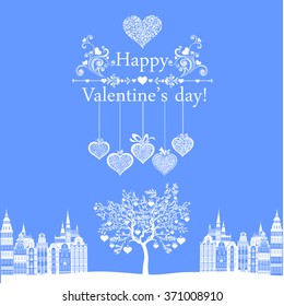 Happy Valentine's day! Celebration blue background with heart tree and place for your text. Vector Illustration . Vector illustration 