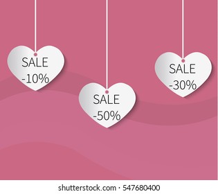 Happy Valentines Day celebration card with hanging hearts. Romantic greeting banner. Creative holiday decoration.