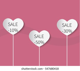 Happy Valentines Day celebration card with hanging hearts. Romantic greeting banner. Creative holiday decoration.