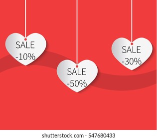 Happy Valentines Day celebration card with hanging hearts. Romantic greeting banner. Creative holiday decoration.