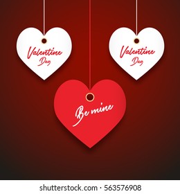 Happy Valentines Day celebration card with hanging hearts. Romantic greeting banner. Creative holiday decoration