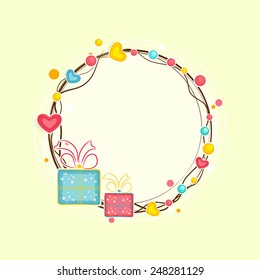 Happy Valentines Day celebration with colorful hearts and gift boxes decorated frame.