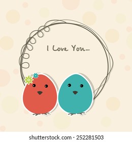 Happy Valentine's Day celebration with colorful eggs and text I Love You in a rounded frame.