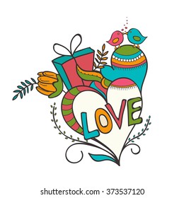 Happy Valentine's Day celebration with colorful text Love, hearts and cute couple of birds on white background.