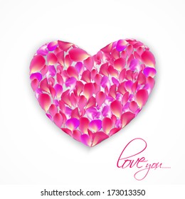 Happy Valentines Day celebration concept with beautiful heart shape decorated with petals on white background. 