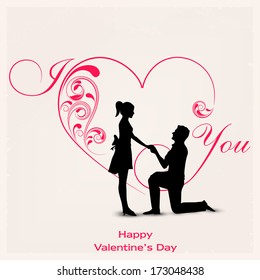 Happy Valentines Day celebration concept with silhouette of young couple in love on floral decorated heart shape background. 