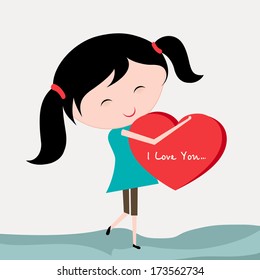 Happy Valentines Day celebration concept with cute little girl holding red heart on abstract background. 