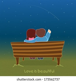 Happy Valentines Day celebration concept with cute couple watching stars in the night. 