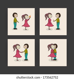 Happy Valentines Day celebration concept with cute couple in various moment on abstract black background. 