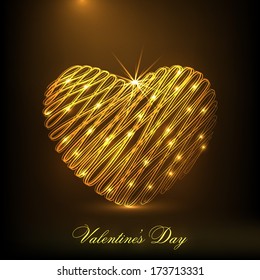 Happy Valentines Day celebration concept with golden heart on shiny brown background. 