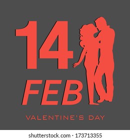 Happy Valentines Day celebration concept with red silhouette of a couple in love on abstract grey background. 