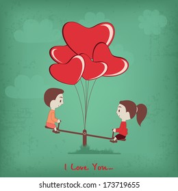 Happy Valentines Day celebration concept with cute couple playing seesaw with red balloons on vintage green background. 