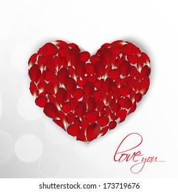 Happy Valentines Day celebration concept with red roses decorated heart shape on grey background. 