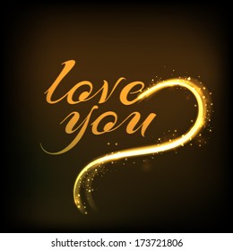 Happy Valentines Day celebration concept with golden text Love You on brown background, can be use as flyer, banner or poster. 