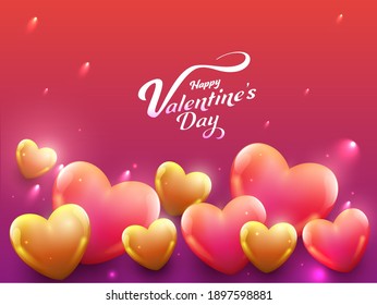 Happy Valentine's Day Celebration Concept With Glossy Hearts On Red And Magenta Lights Effect Background.