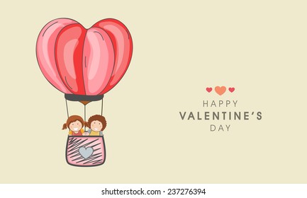 Happy Valentine's Day celebration concept with cute kids in hot air balloon.