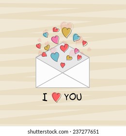 Happy Valentine's Day celebration concept with I Love You text and colorful hearts coming out from an open love envelope on stylish background.