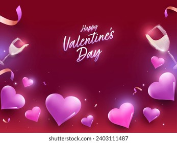 Happy Valentine's Day Celebration Concept with Shiny Hearts, Drink Glasses, Confetti Ribbons and Lights Effect on Red Background.