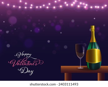 Fröhliches Valentinstag-Feierkonzept mit realistischer Champagnerflasche, flutgläserndem Glas auf dem Tisch und leuchtendem, violettem und blauem Hintergrund.