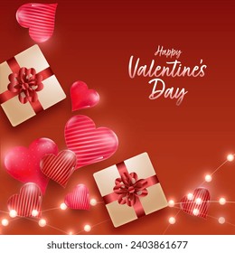 Happy Valentine's Day Celebration Concept, Top View of Realistic Gift Boxes with Glossy Hearts and Lighting Garlands Decorated on Burnt Red Background.