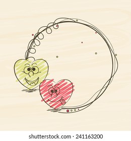 Happy Valentine's Day celebration concept with funny hearts and blank frame for your wishes.