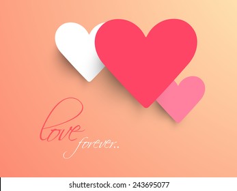 Happy Valentine's Day celebration concept with colorful hearts and text Love Forever on shiny background.