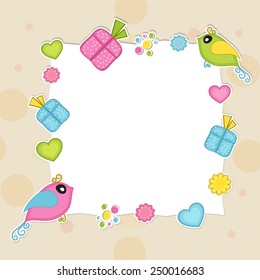 Happy Valentine's Day celebration concept with blank frame decorated by colorful gifts, hearts and cute bird in love.