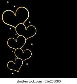 Happy Valentines Day celebration concept with golden heart shapes on shiny black background, can be use as flyer, banner or poster,