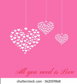 Happy Valentines Day celebration concept with beautiful decorated heart shapes on pink background. All you need is Love text message. Vector