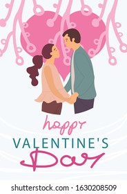 Happy valentines day celebration of couple vector, man and woman in love holding hands ready for kiss. Boyfriend and girlfriend with heart and foliage