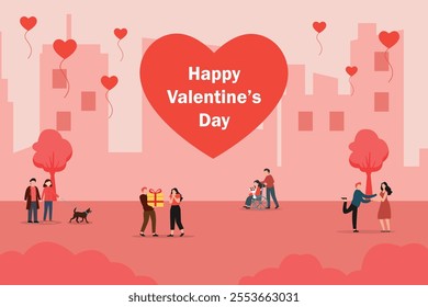 Happy Valentine's Day Celebration with Couples and Balloons in a Cityscape 2d flat vector illustrations